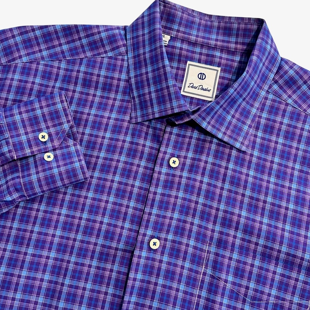David Donahue Mens XL Purple Blue Plaid Long Sleeve Cotton Button Down Shirt